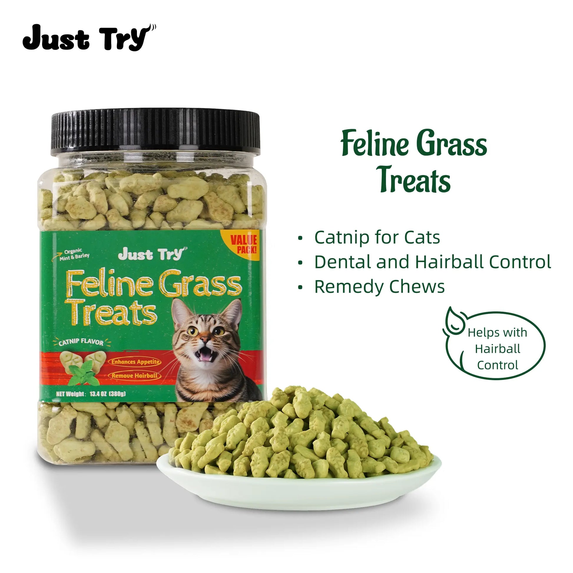 Petlovers Natural Salmon Flavor Cat Grass Treats - 13.4 OZ Healthy Snacks for Dental and Hairball Control, Ideal for Training