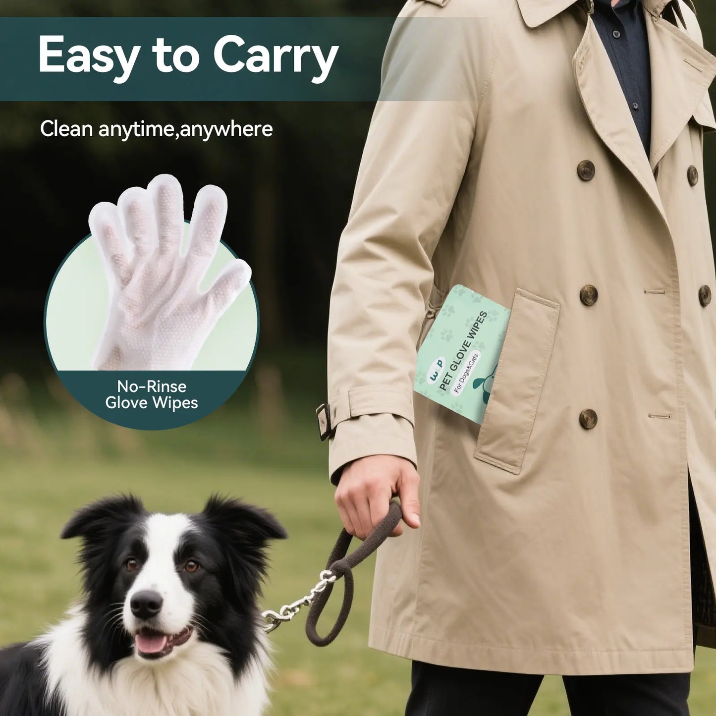 WLP Hypoallergenic Pet Glove Wipes for Dogs and Cats - No-Rinse Grooming and Bathing Solution, Individually Packaged for Daily Care and Travel, Prevents Evaporation, Easy to Carry
