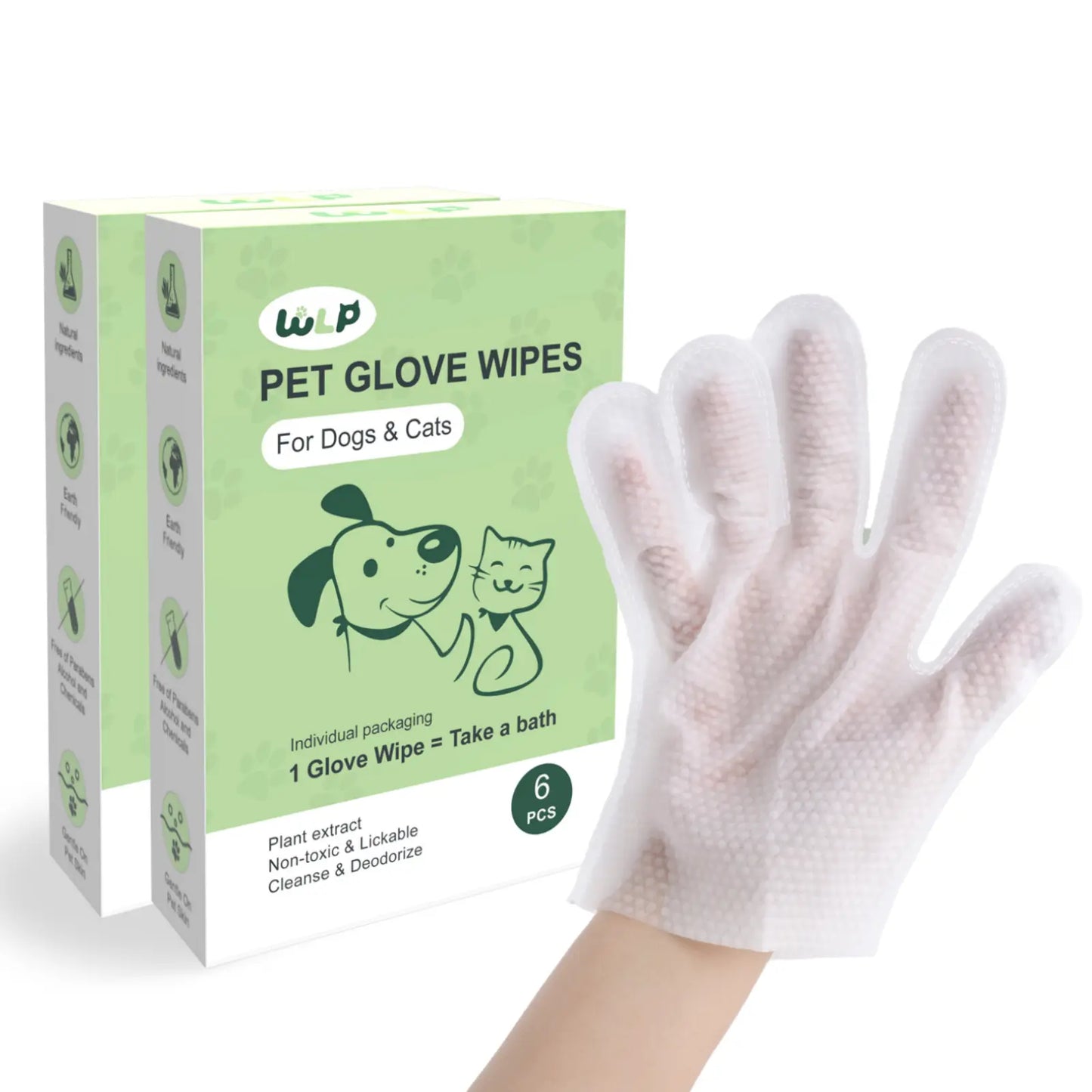 WLP Hypoallergenic Pet Glove Wipes for Dogs and Cats - No-Rinse Grooming and Bathing Solution, Individually Packaged for Daily Care and Travel, Prevents Evaporation, Easy to Carry