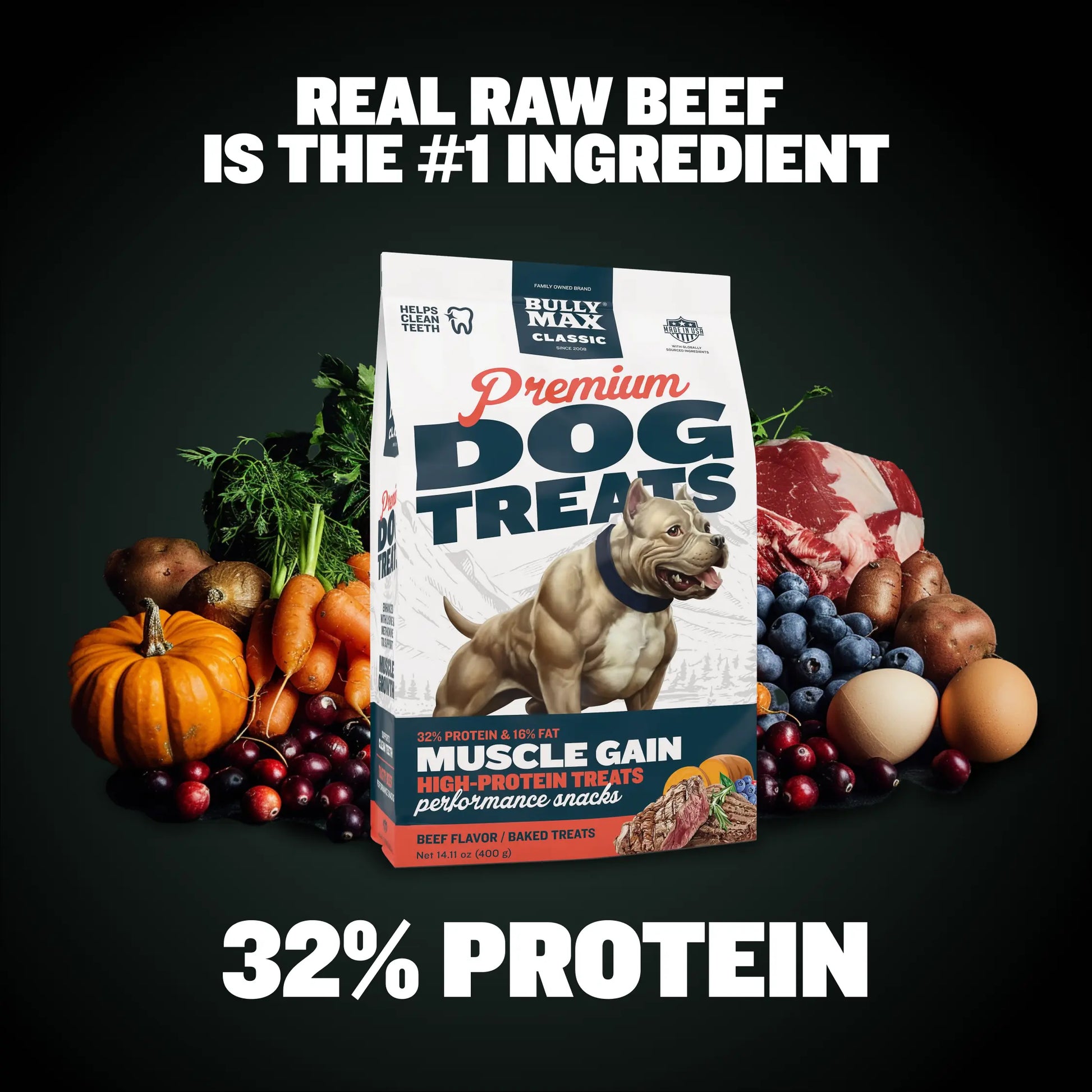 Bully Max Premium High-Protein Beef Baked Dog Treats for Puppies and Adults - 32% Protein, Real Meat, Vegetables, and BCAAs - 400g Bag