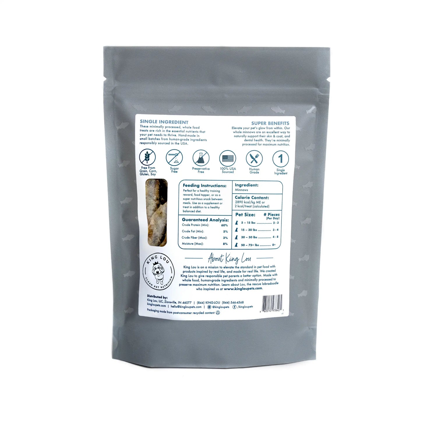 King Lou Whole Minnows - Freeze-Dried Raw Snack for Dogs and Cats, 100% USA Sourced, Human Grade, Single Ingredient Natural Treats
