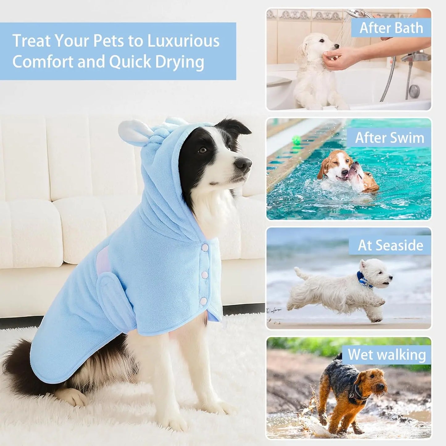 Quick-Drying Dog Bathrobe, Dog Bath Robe with Hood,Pet Dressing Gown with Adjustable Belly Band, Super-Absorbent Super-Soft Fabric,Quick Dry Dog Bathrobe for Small Medium Dogs & Cats,Reduces Drying Time