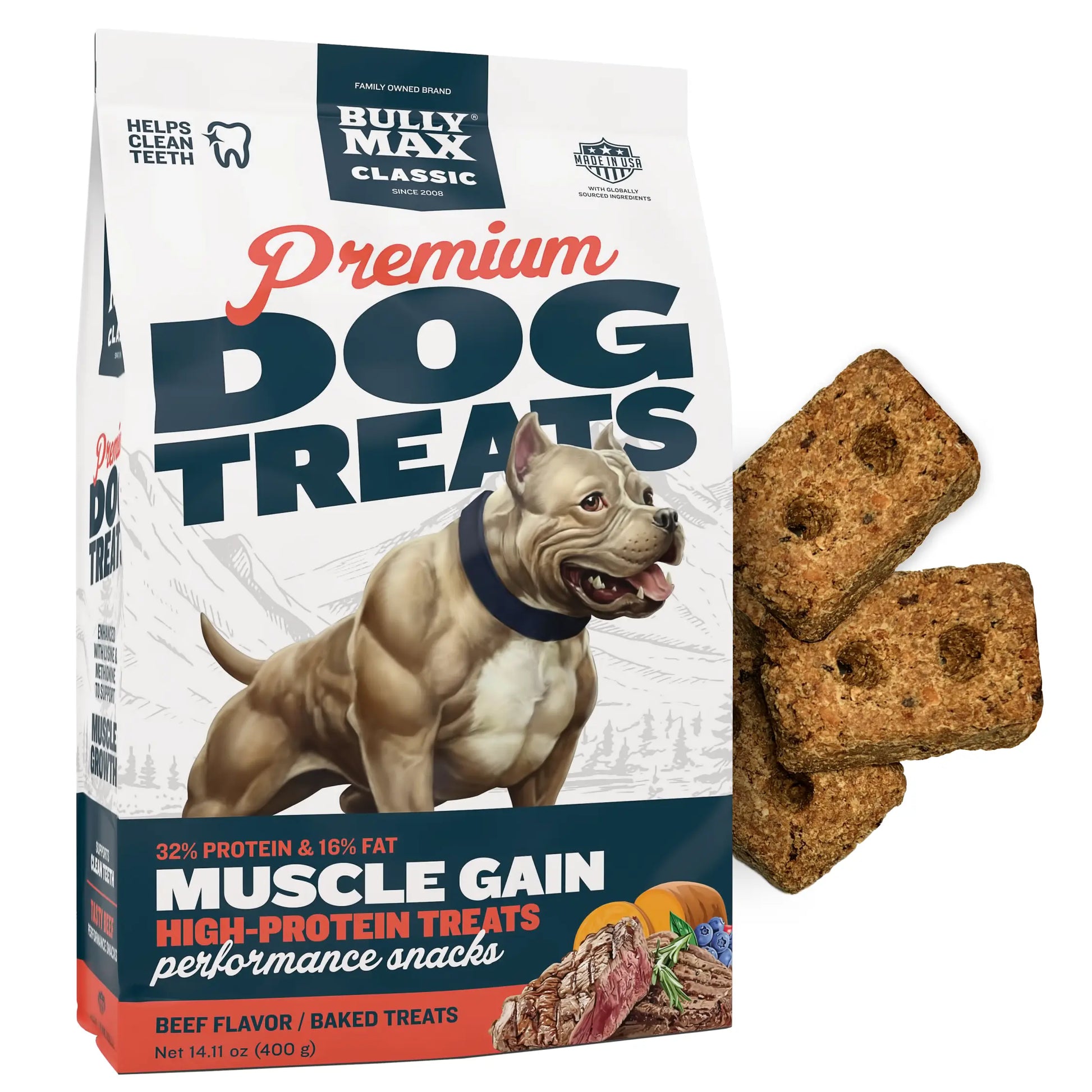 Bully Max Premium High-Protein Beef Baked Dog Treats for Puppies and Adults - 32% Protein, Real Meat, Vegetables, and BCAAs - 400g Bag
