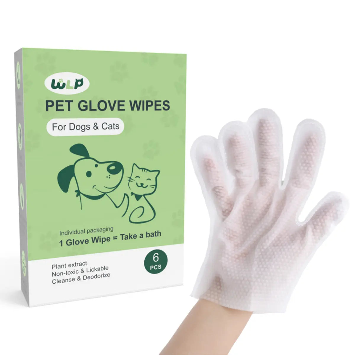WLP Hypoallergenic Pet Glove Wipes for Dogs and Cats - No-Rinse Grooming and Bathing Solution, Individually Packaged for Daily Care and Travel, Prevents Evaporation, Easy to Carry