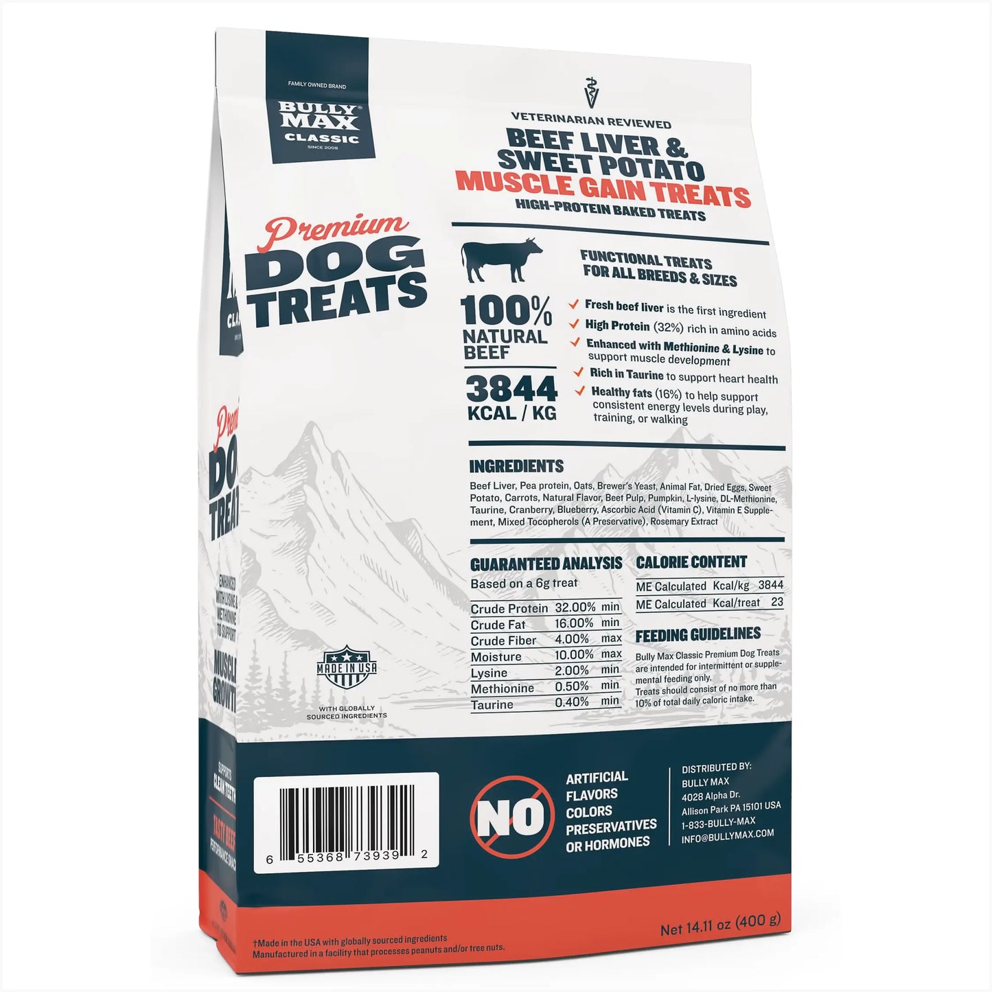 Bully Max Premium High-Protein Beef Baked Dog Treats for Puppies and Adults - 32% Protein, Real Meat, Vegetables, and BCAAs - 400g Bag