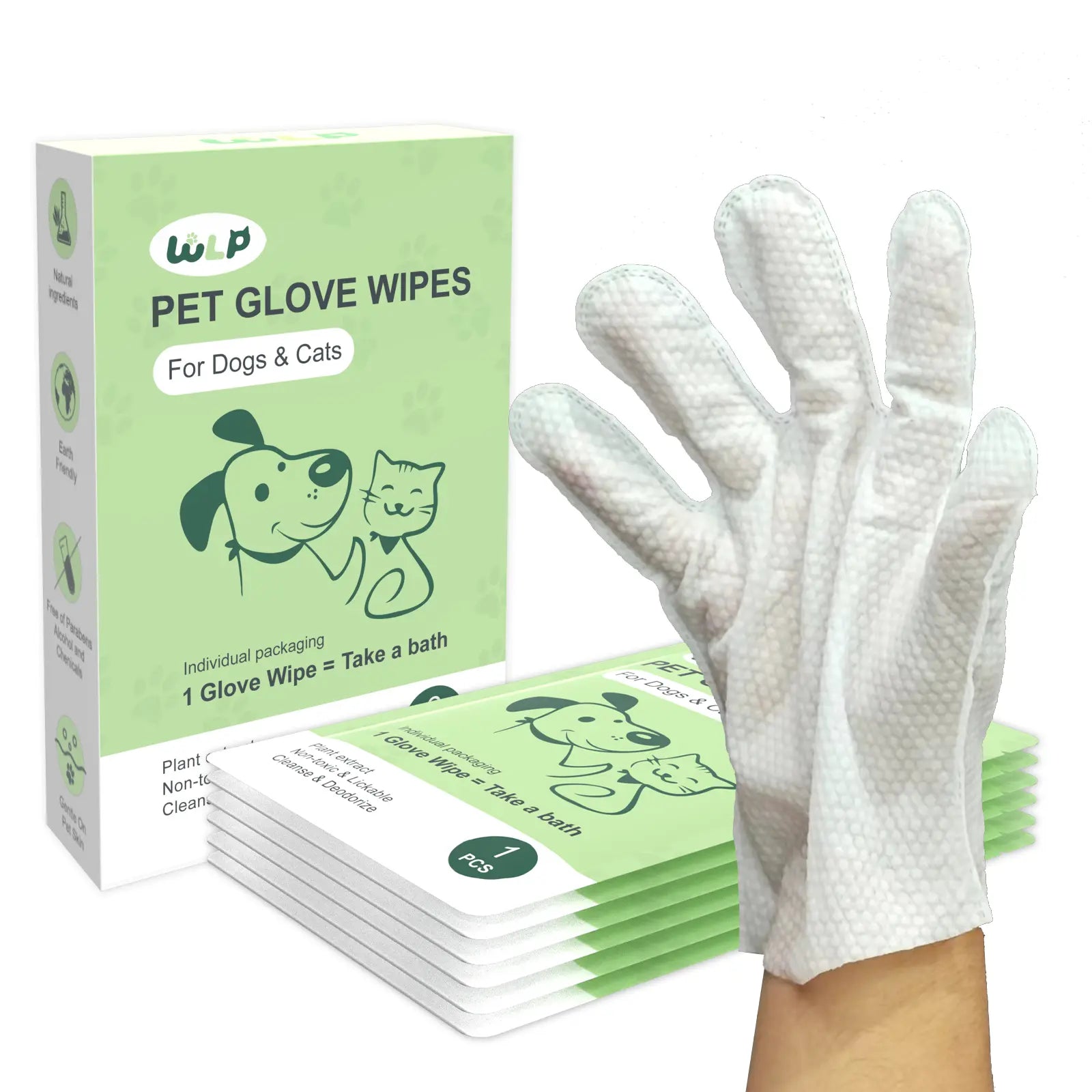 WLP Hypoallergenic Pet Glove Wipes for Dogs and Cats - No-Rinse Grooming and Bathing Solution, Individually Packaged for Daily Care and Travel, Prevents Evaporation, Easy to Carry