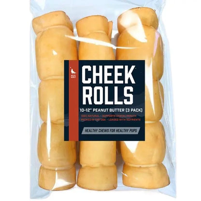 Peanut Butter Collagen Cheek Rolls for Large Dogs (3 Pack) - 100% Natural, Extra-Thick, Single-Ingredient, Long-Lasting for Aggressive Chewers