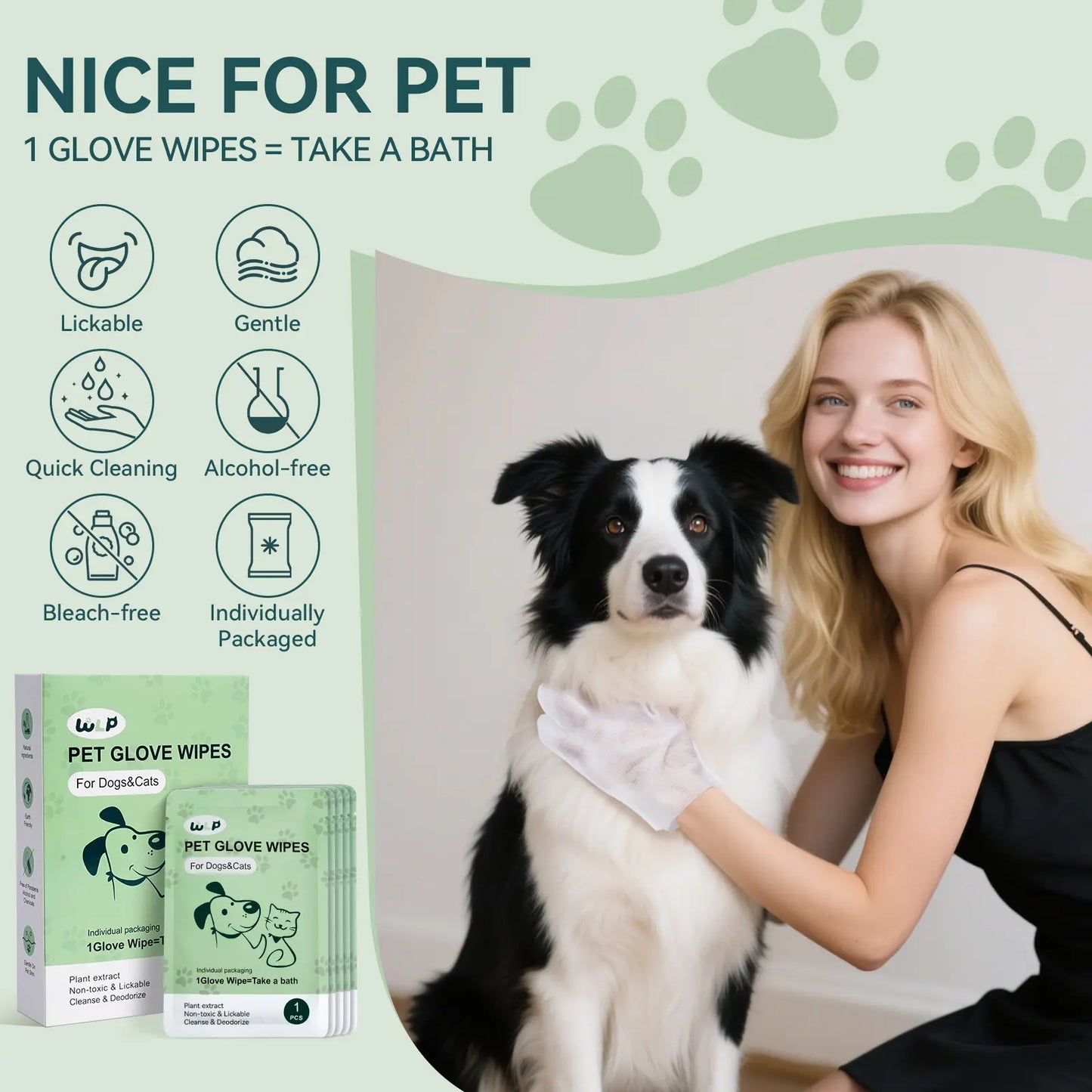 WLP Hypoallergenic Pet Glove Wipes for Dogs and Cats - No-Rinse Grooming and Bathing Solution, Individually Packaged for Daily Care and Travel, Prevents Evaporation, Easy to Carry